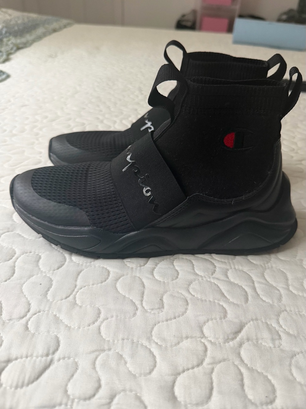 Champion Black Slip-On High-Top Athletic Sneakers with Red Logo Accent